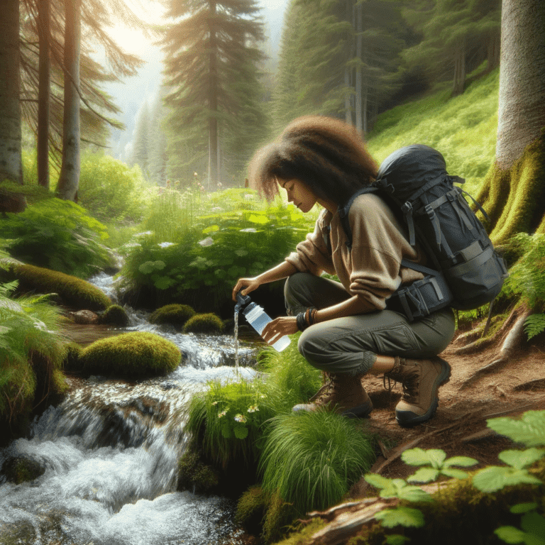 un voyageur en train de purifier de l'eau en pleine nature. Cela établira immédiatement le contexte et l'importance du sujet