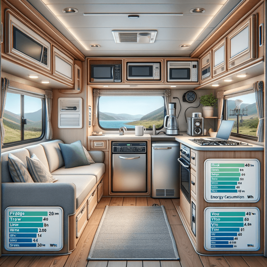 13.DALL·E 2024 01 24 20.01.01 Create a realistic image depicting various electrical appliances in an RV and their energy consumption. The scene is the interior of a modern RV. Show