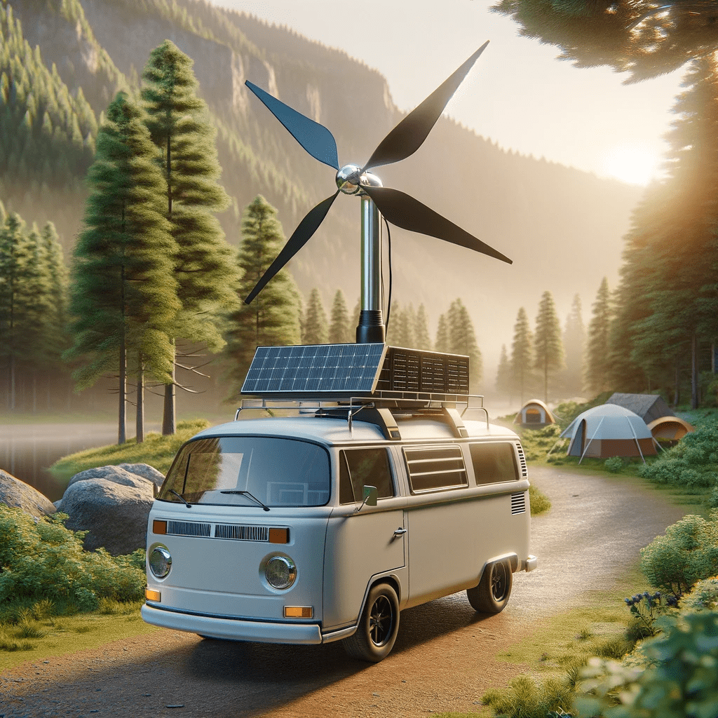 2.DALL·E 2024 01 23 10.04.28 A realistic image of a small portable wind turbine mounted on a camping van. The van is parked in a scenic outdoor location suggesting a sense of ad