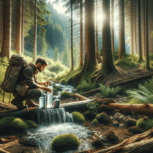 2.Une image illustrant un voyageur en train de purifier de leau en pleine nature