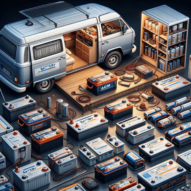 3.DALL·E 2024 01 23 10.04.50 A detailed and realistic image of a variety of battery systems used in camping vans including lead acid AGM and lithium batteries. The image should
