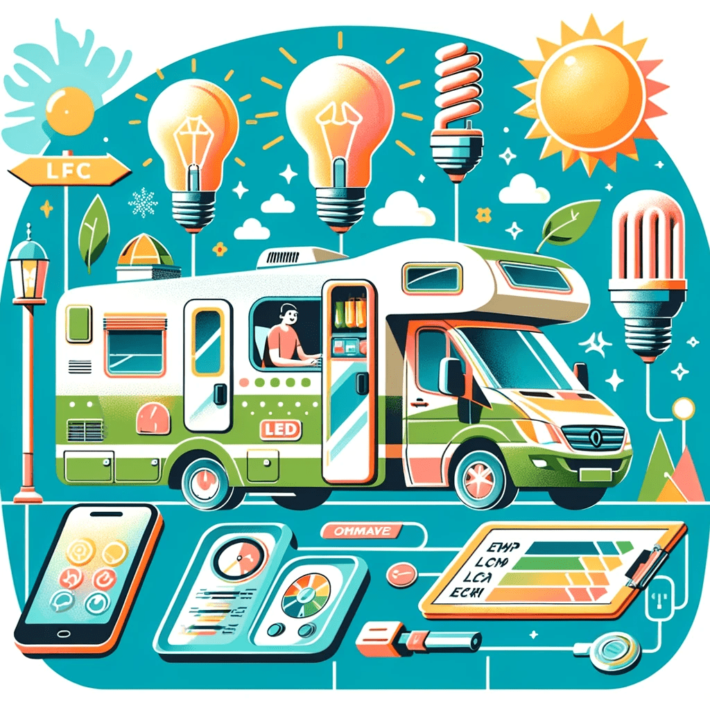 6.DALL·E 2024 01 23 10.05.43 A creative and colorful illustration showing various energy saving techniques in a camping van. The image should include a camping van with visible in