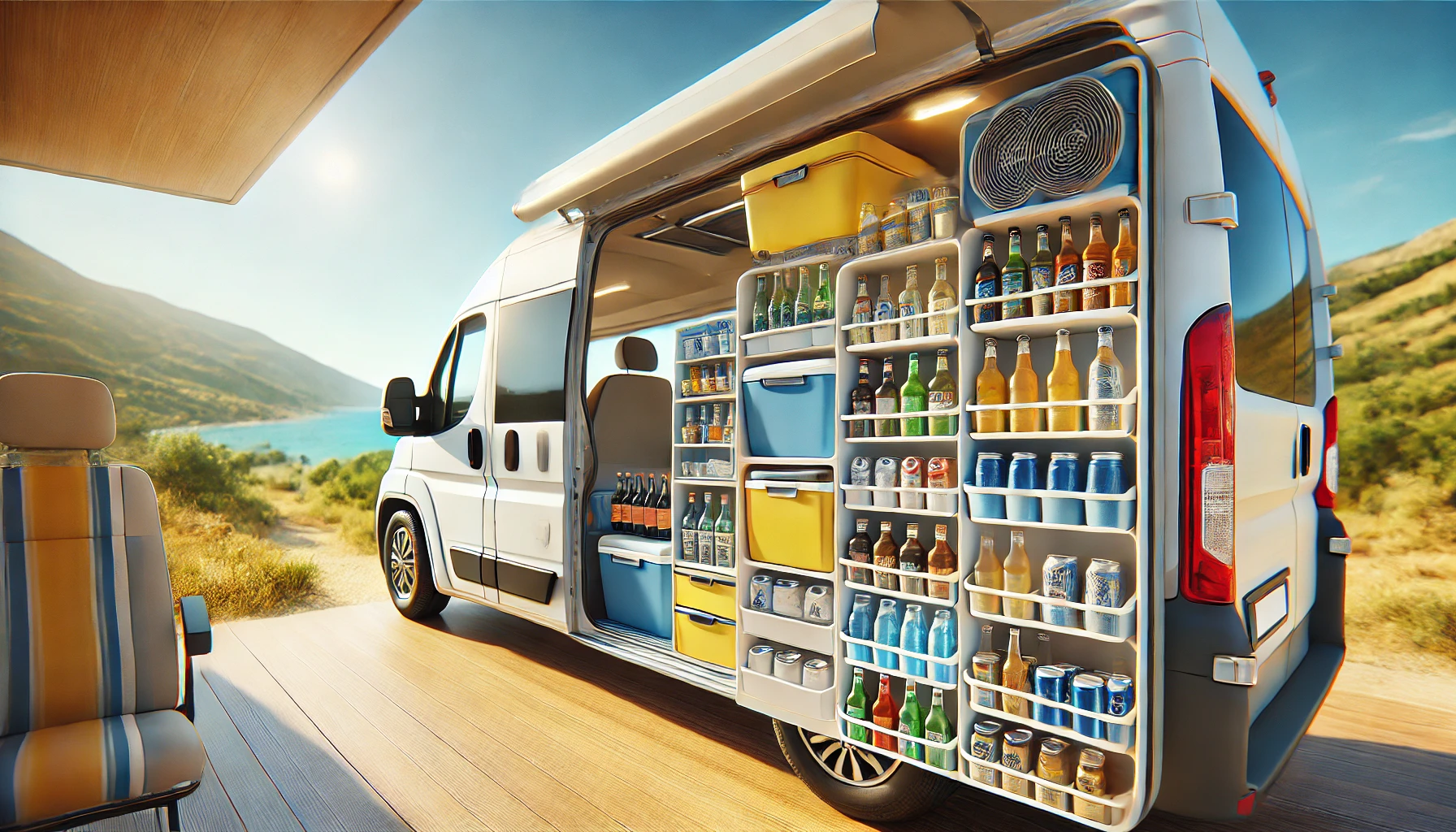 fourgon aménagé transformé en frigo de boisson pour les vanlafers au bord de la plage