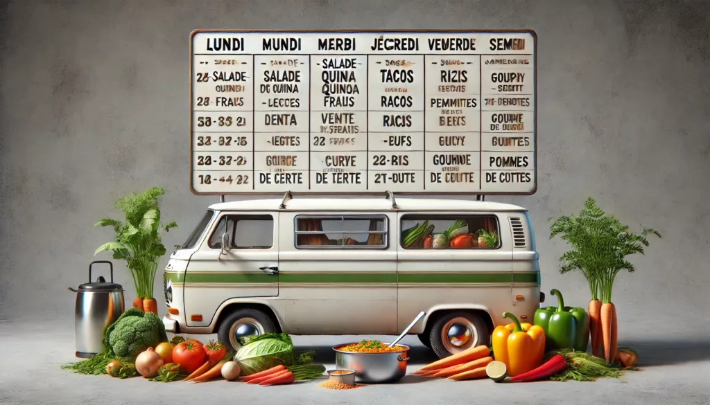 DALL·E 2024 07 06 19.07.34 Create a realistic image of a retro camper van with a meal plan displayed on it. The meal plan should be written in French and include detailed menus