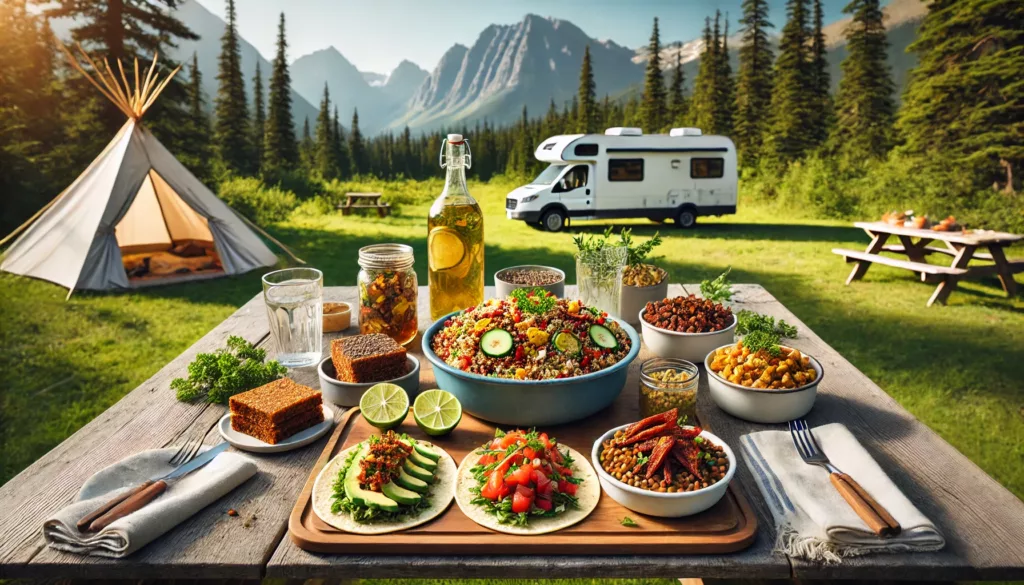 DALL·E 2024 07 07 10.30.20 A scenic outdoor picnic table set up for a camping meal with a backdrop of lush green trees majestic mountains and a modern campervan parked nearby