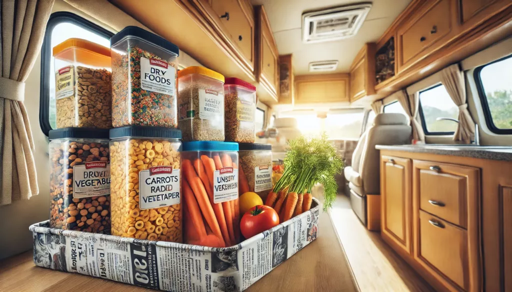 DALL·E 2024 07 08 16.19.41 A cheerful and very realistic scene inside a motorhome in a sunny region. Inside there are sealed containers storing dry foods on a countertop with