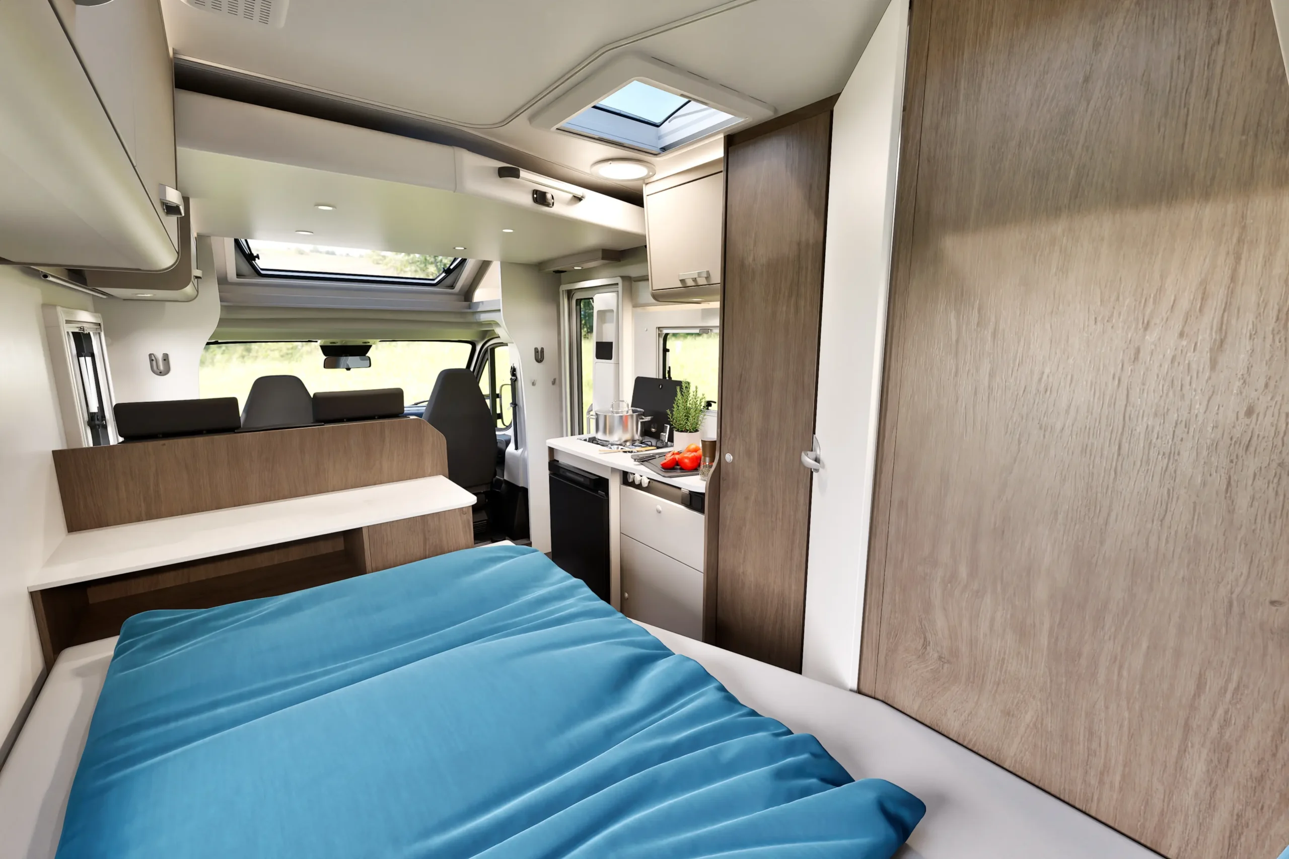 Vue du lit à la Française du camping-car Carado